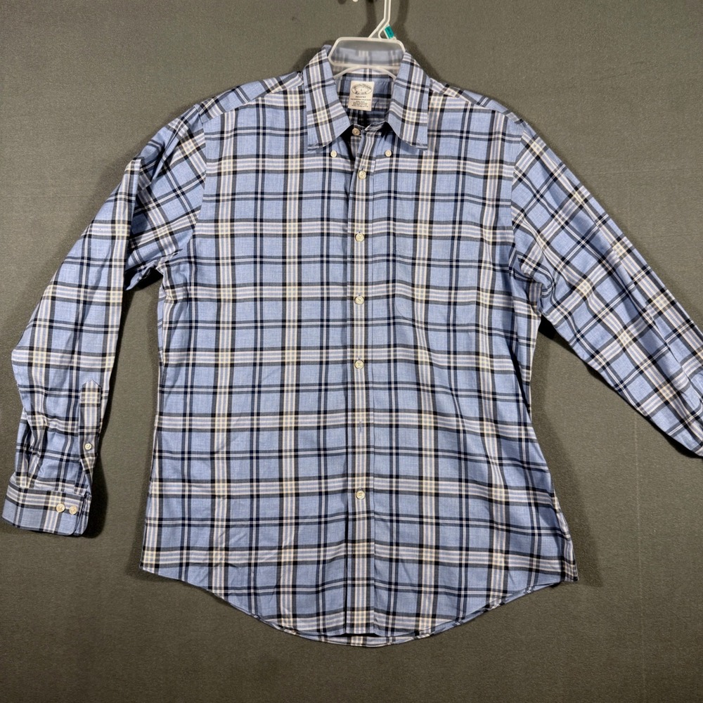 Brooks Brothers Button Down Men L Blue Regent Plaid Non-Iron Supima Cotton Shirt